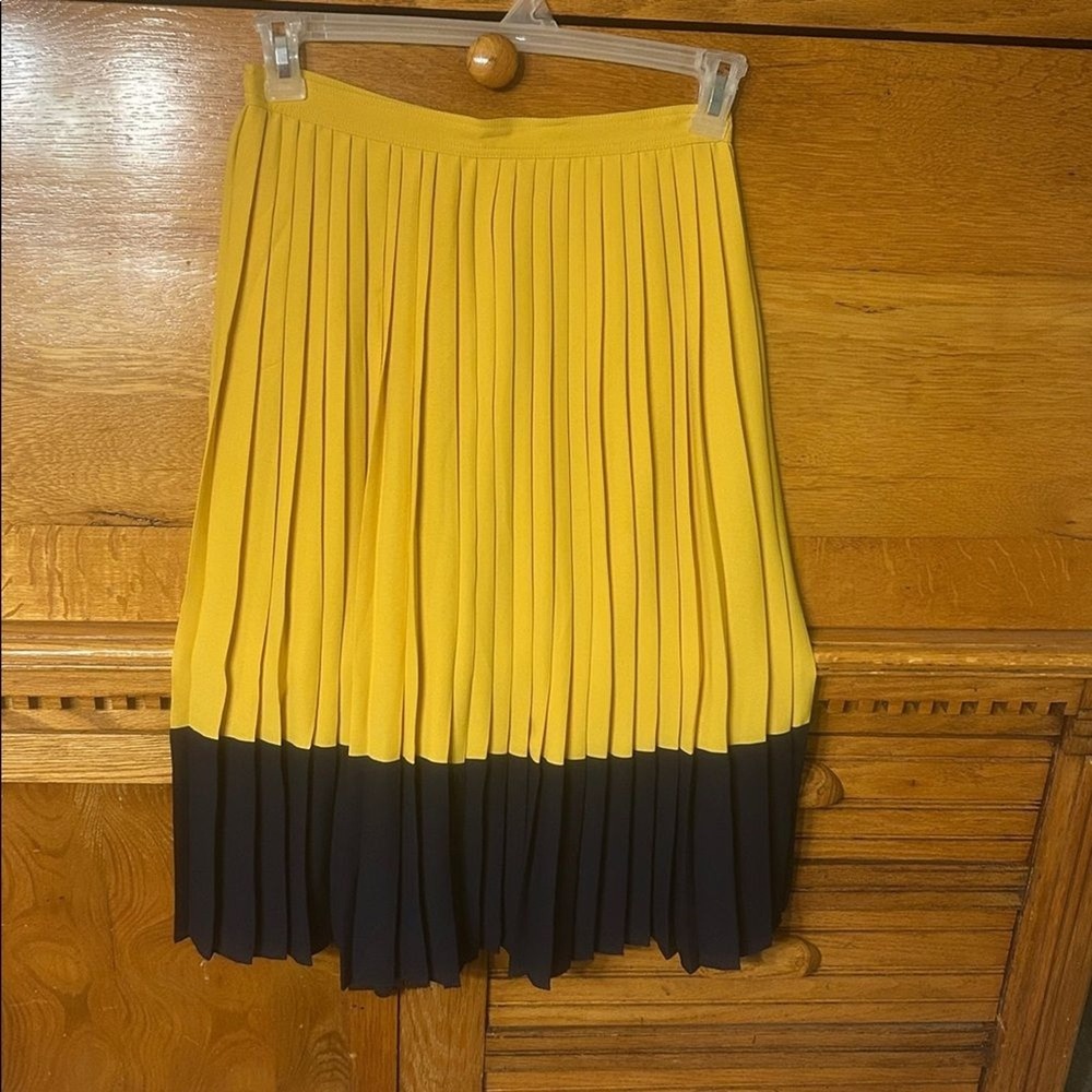 J.Crew Preppy Yellow Navy Blue Colorblock Pleated Midi Skirt Accordion Pleat